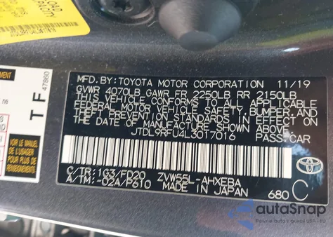 2020 Toyota Prius Le Awd-E из США, поврежденный, VIN JTDL9RFU4L3017016